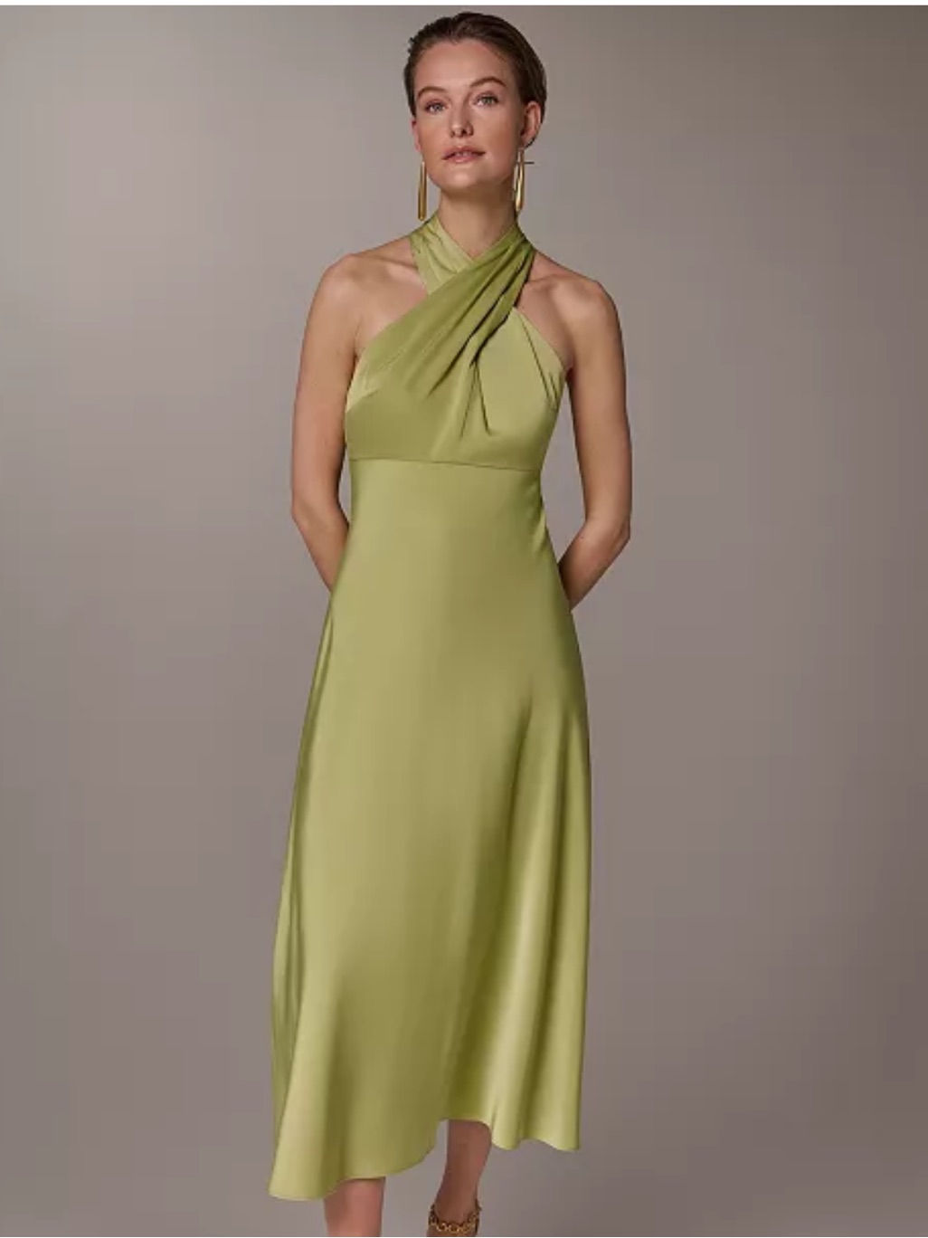Donna Karan Olive Green/Chartreuse Halter Midi Dress